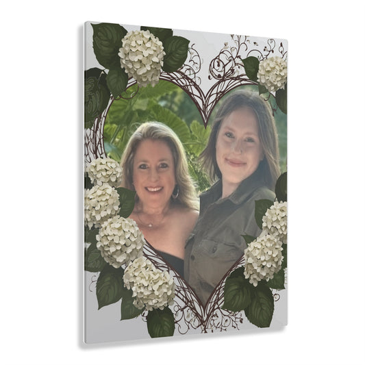 Custom Acrylic hydrangea heart prints with your personalized photo inserted inside the  heart for lovers and family that have a special bond