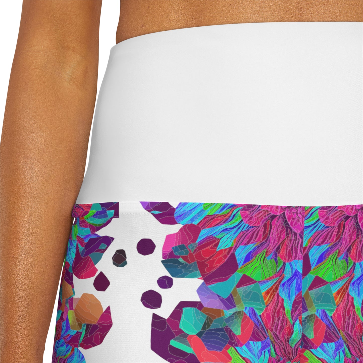 Floral Mandala Yoga Shorts with high waist and purple and blue flower pattern for working out in style this summer