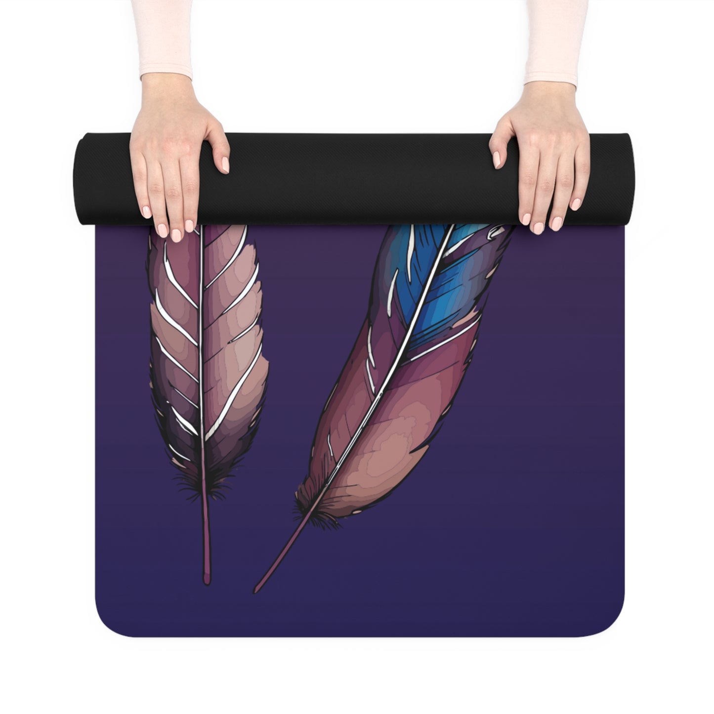 Native feather Yoga Mat made of rubber with purple gradient to mauve and pastel feather design