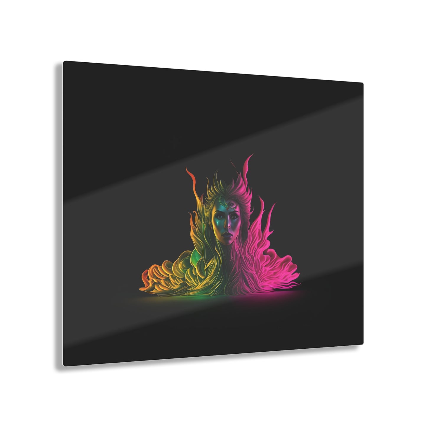 Fire Woman Rainbow Art on Jet Black Acrylic Panels for gameroom art gay gift for lgbtq lovers ally femme style art horizontal orientation v1