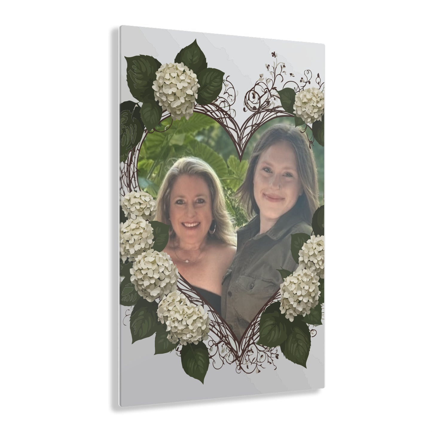 Custom Acrylic hydrangea heart prints with your personalized photo inserted inside the  heart for lovers and family that have a special bond