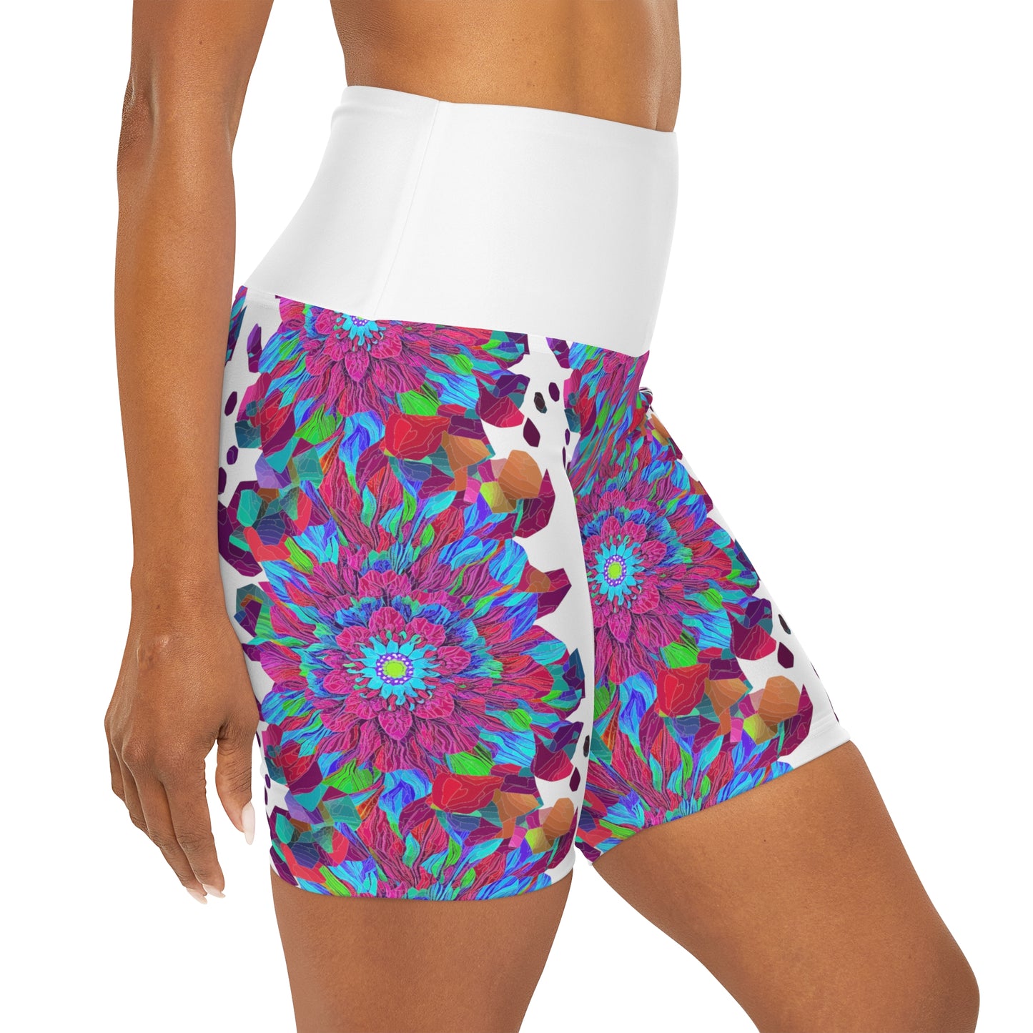 Floral Mandala Yoga Shorts with high waist and purple and blue flower pattern for working out in style this summer