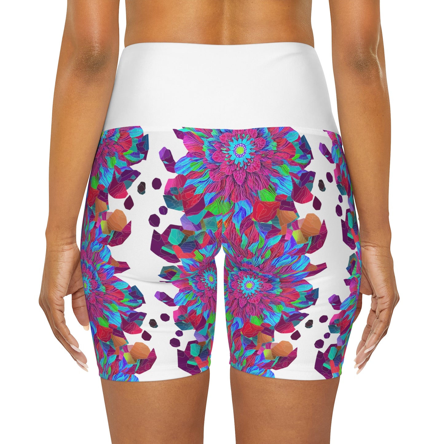 Floral Mandala Yoga Shorts with high waist and purple and blue flower pattern for working out in style this summer