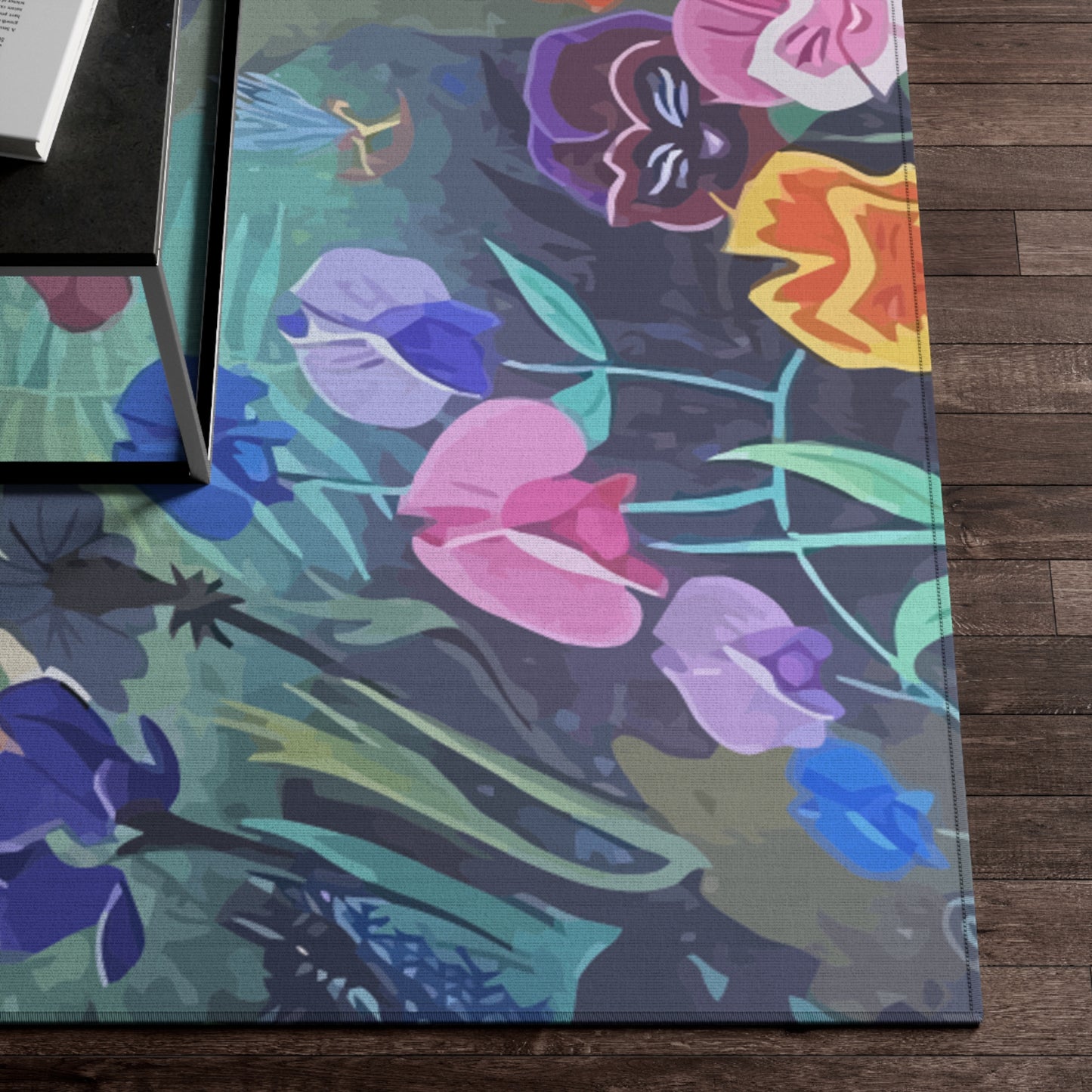 Alice in wonderland style rug with laughing orchids for those Alice fans to decorate their place.