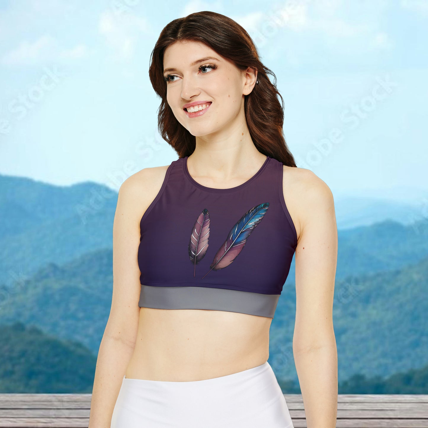 Native feather Sports Bra with fully padded cups and a unique feather design for working out and doing yoga with style and grace