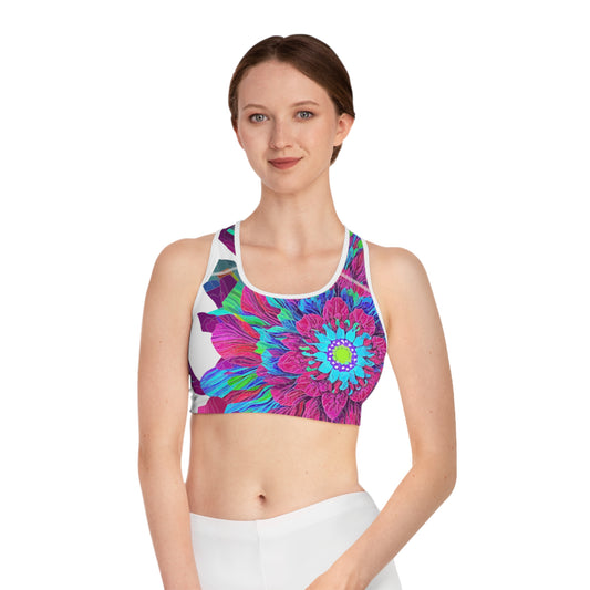 Floral Mandala Sports Bra for working out and doing yoga in style this summer in pink blue and white floral print