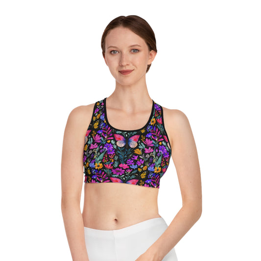 Butterfly WildFlower Sports Bra Black and colorful pink and purple butterfly sports bra with wilder flower print for yoga and working out