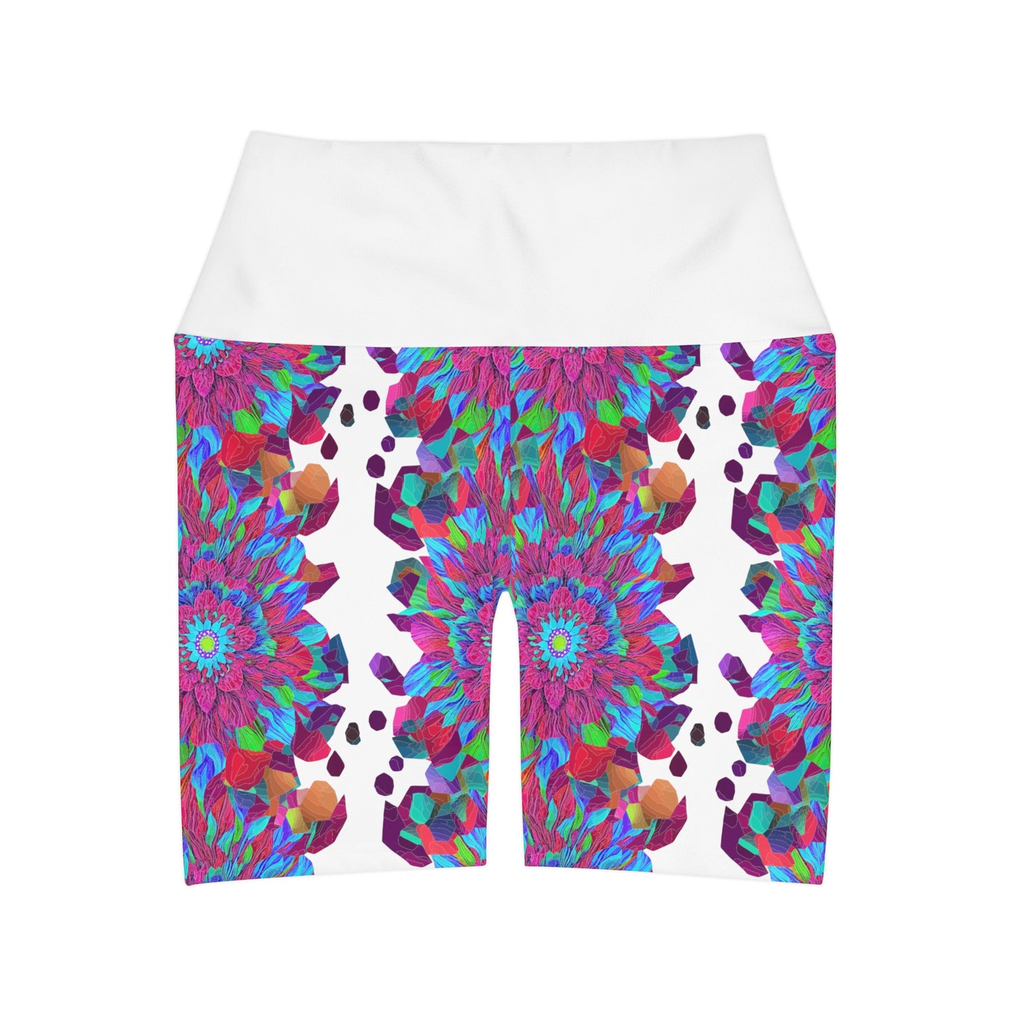 Floral Mandala Yoga Shorts with high waist and purple and blue flower pattern for working out in style this summer