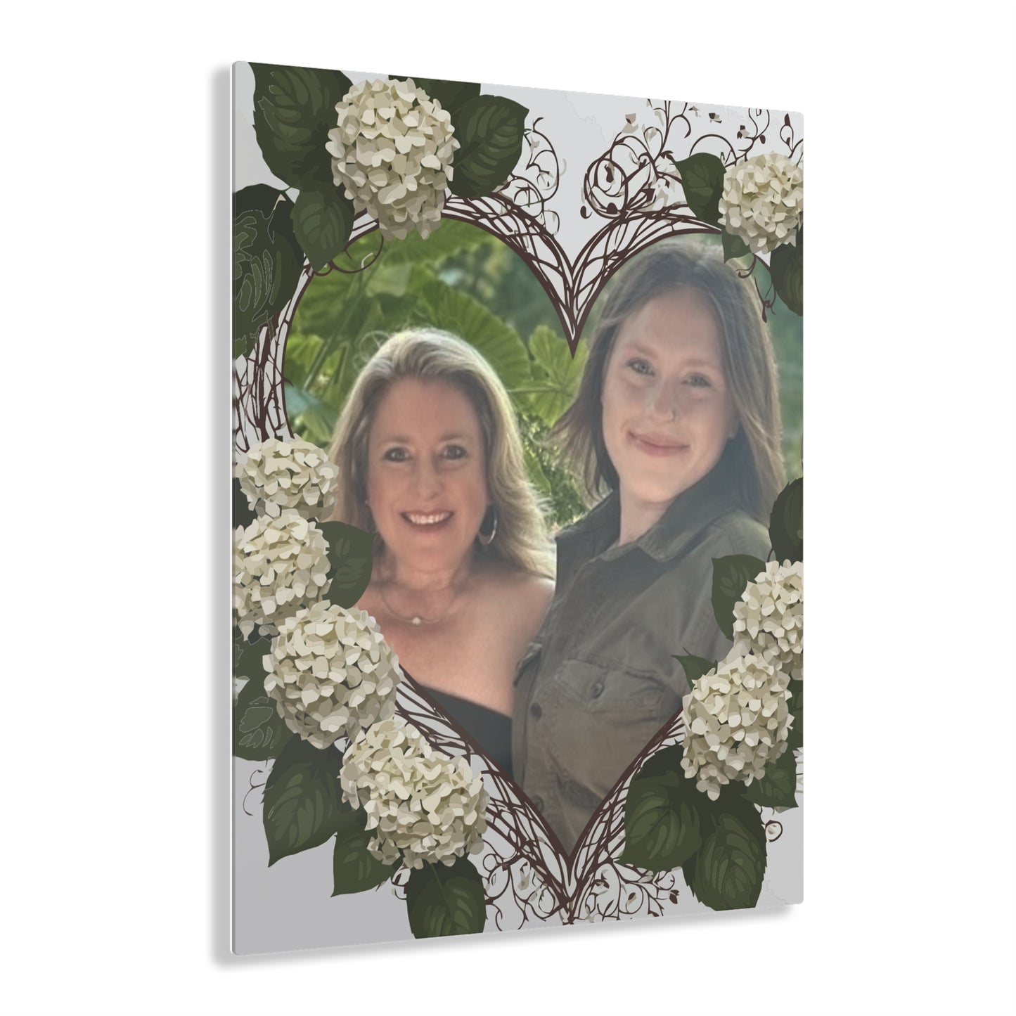 Custom Acrylic hydrangea heart prints with your personalized photo inserted inside the  heart for lovers and family that have a special bond