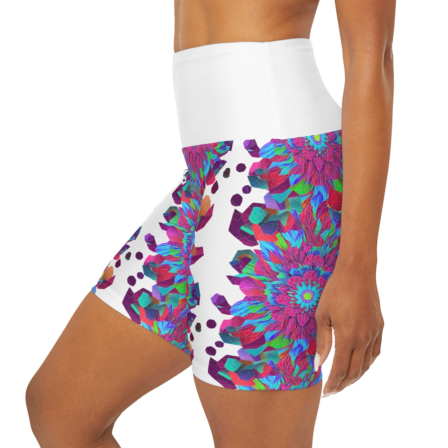 Floral Mandala Yoga Shorts with high waist and purple and blue flower pattern for working out in style this summer