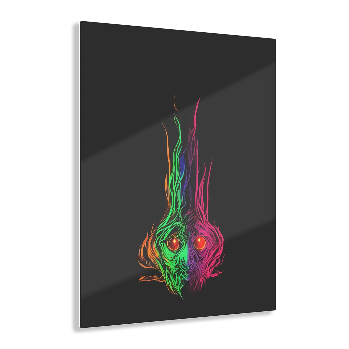 Fire Eyes Rainbow Art on Jet Black Acrylic Panels for gameroom art gay gift for lgbtq lovers ally femme style art vertical orientation v5