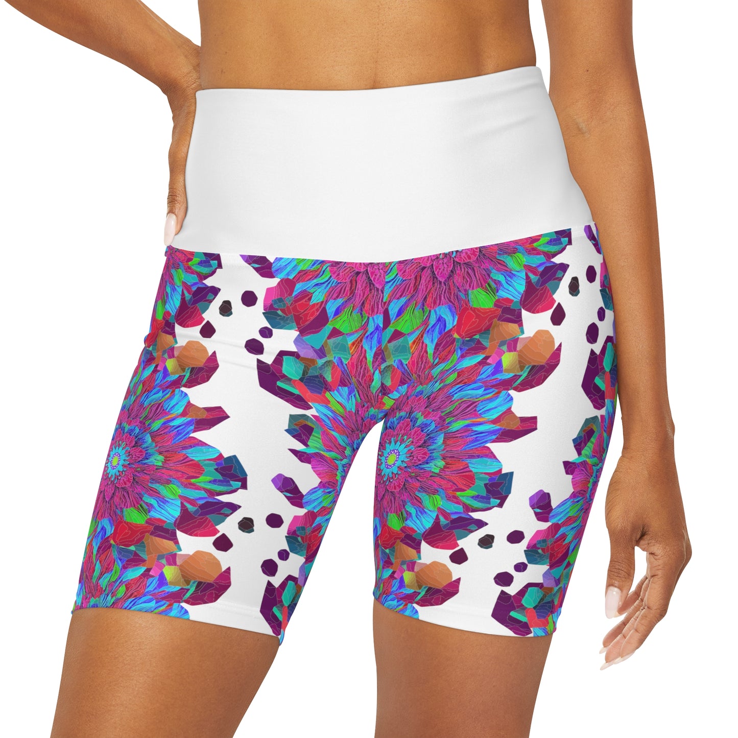 Floral Mandala Yoga Shorts with high waist and purple and blue flower pattern for working out in style this summer