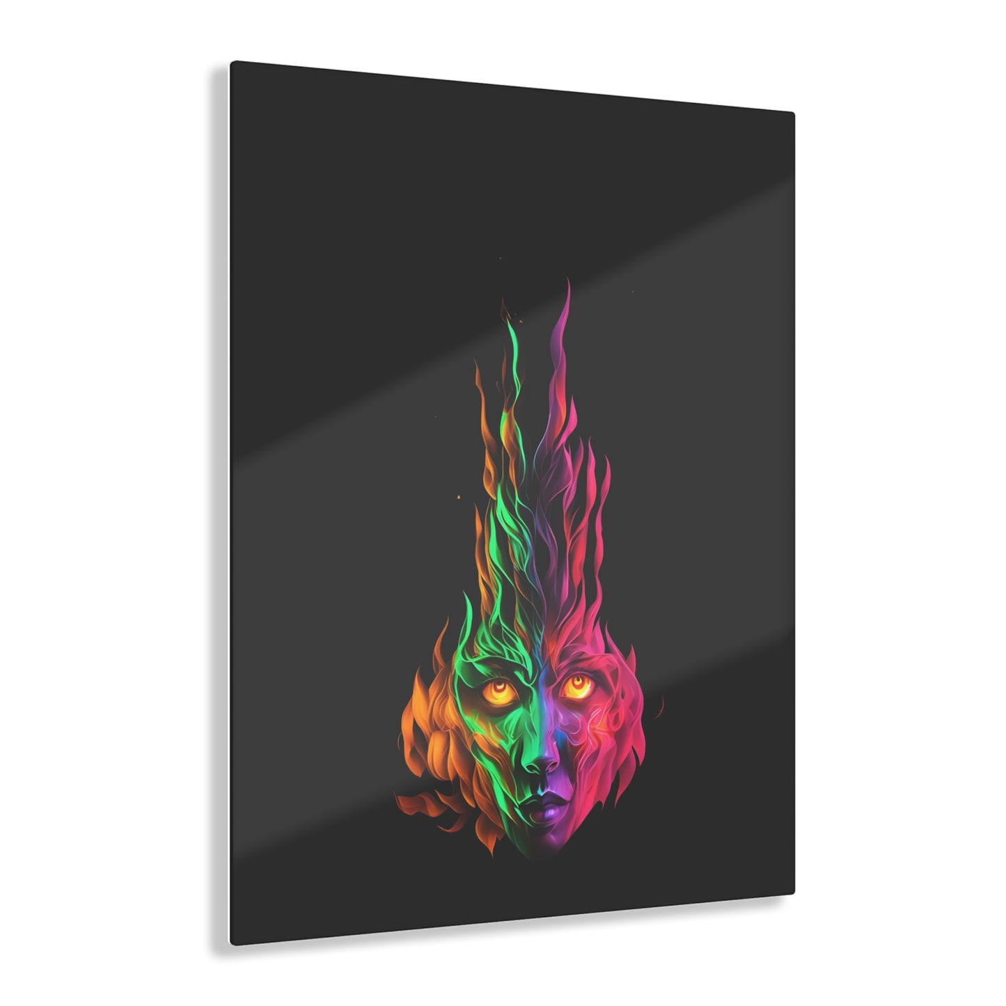 Fire Eyes Rainbow Art on Jet Black Acrylic Panels for gameroom art gay gift for lgbtq lovers ally femme style art vertical orientation v1