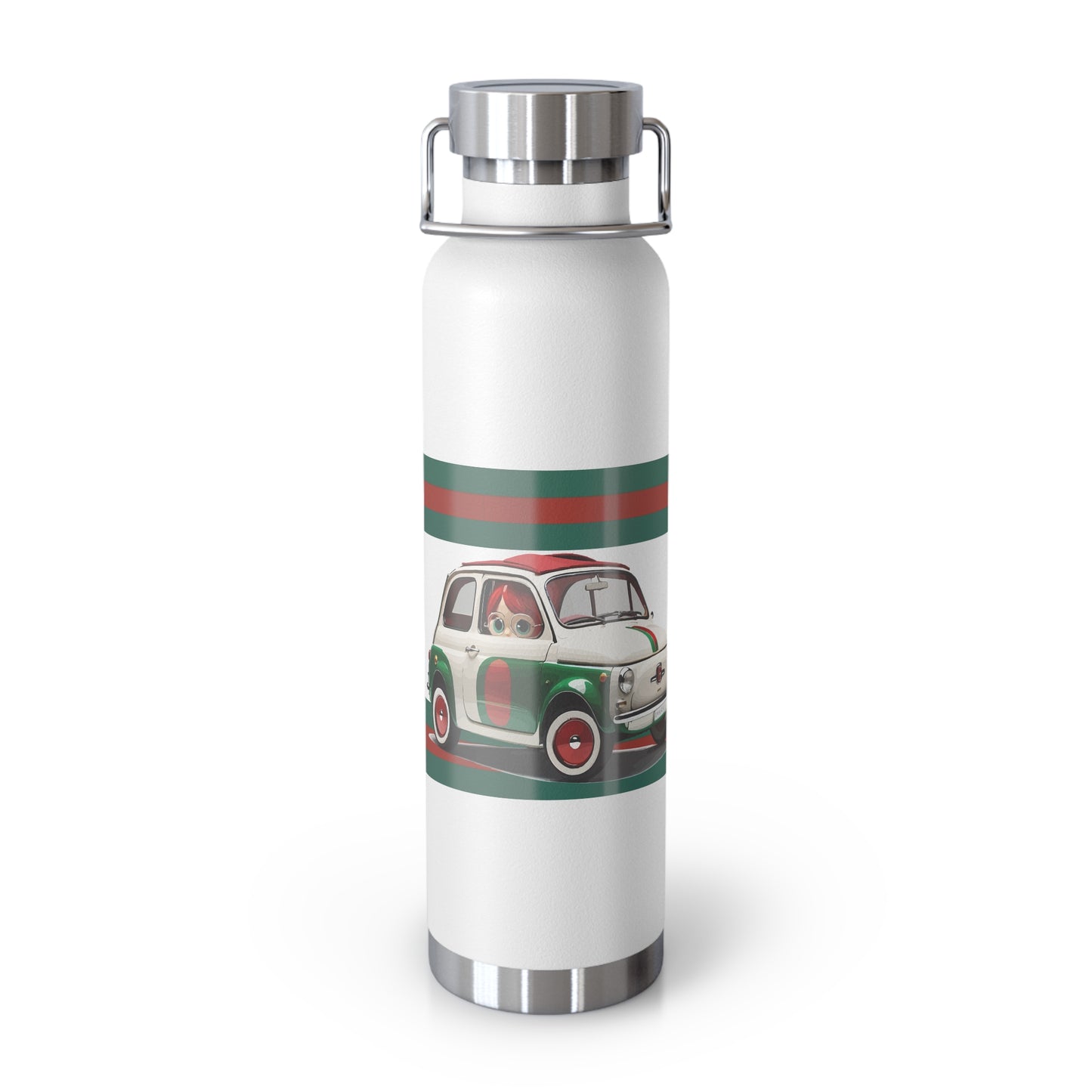 FIAT 500 green and red stripes on a Copper Vacuum Insulated Bottle, 22oz