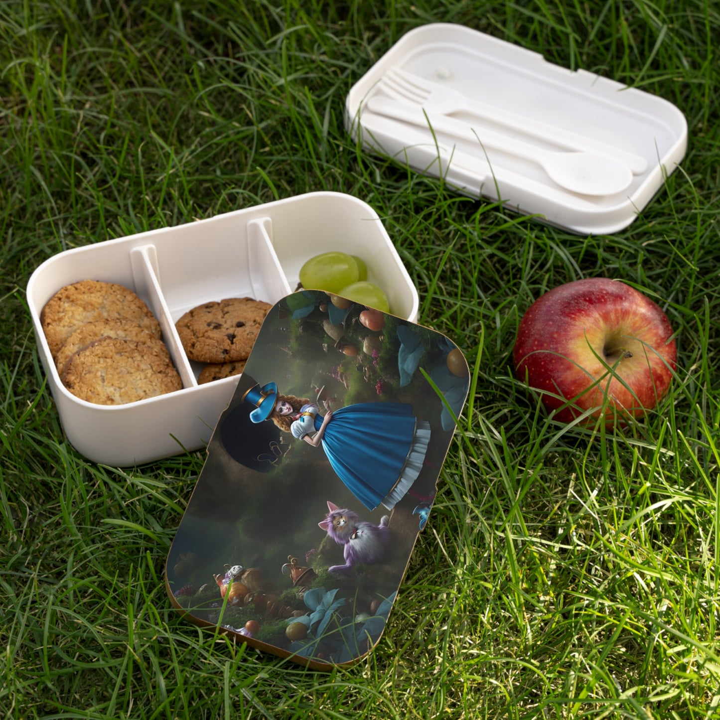 Alice in Wonderland Bento Lunch Box for picnics in wonderland lunchbox that shows Alice with the cheshire cat in wonderland.