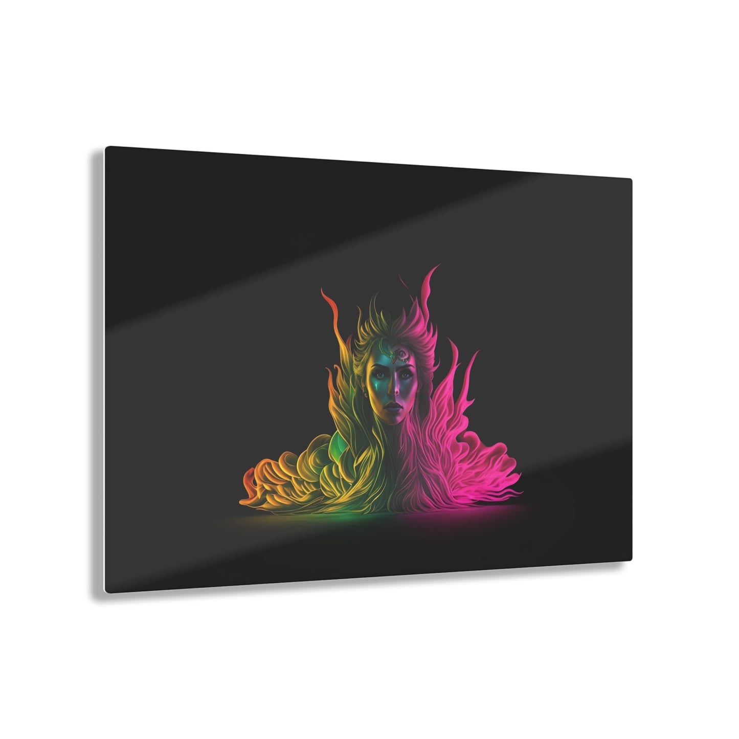 Fire Woman Rainbow Art on Jet Black Acrylic Panels for gameroom art gay gift for lgbtq lovers ally femme style art horizontal orientation v1