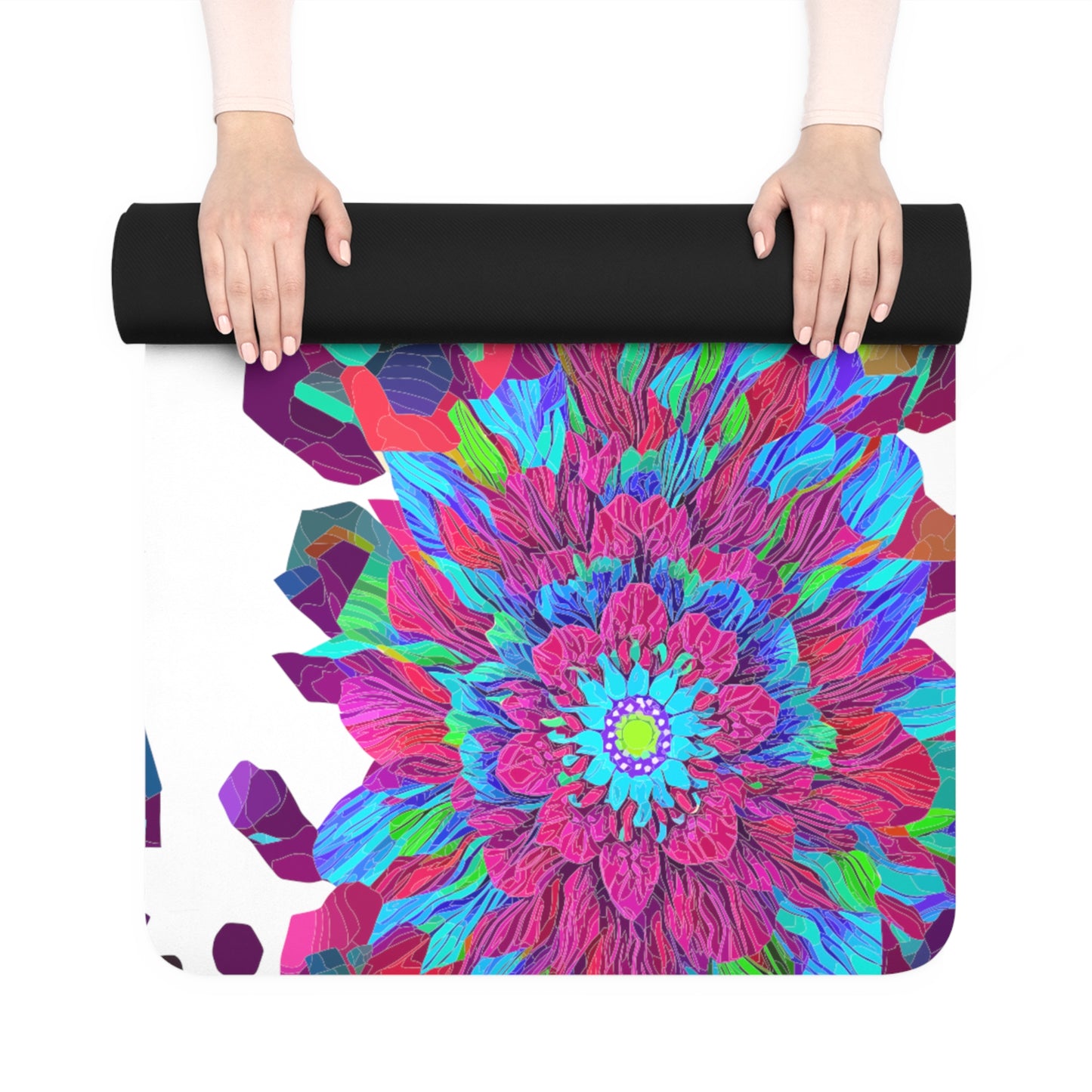 Floral Mandala Yoga Mat ladies in shape proud loving working out yoga mat stretch rubber modern no slip flower pattern colorful