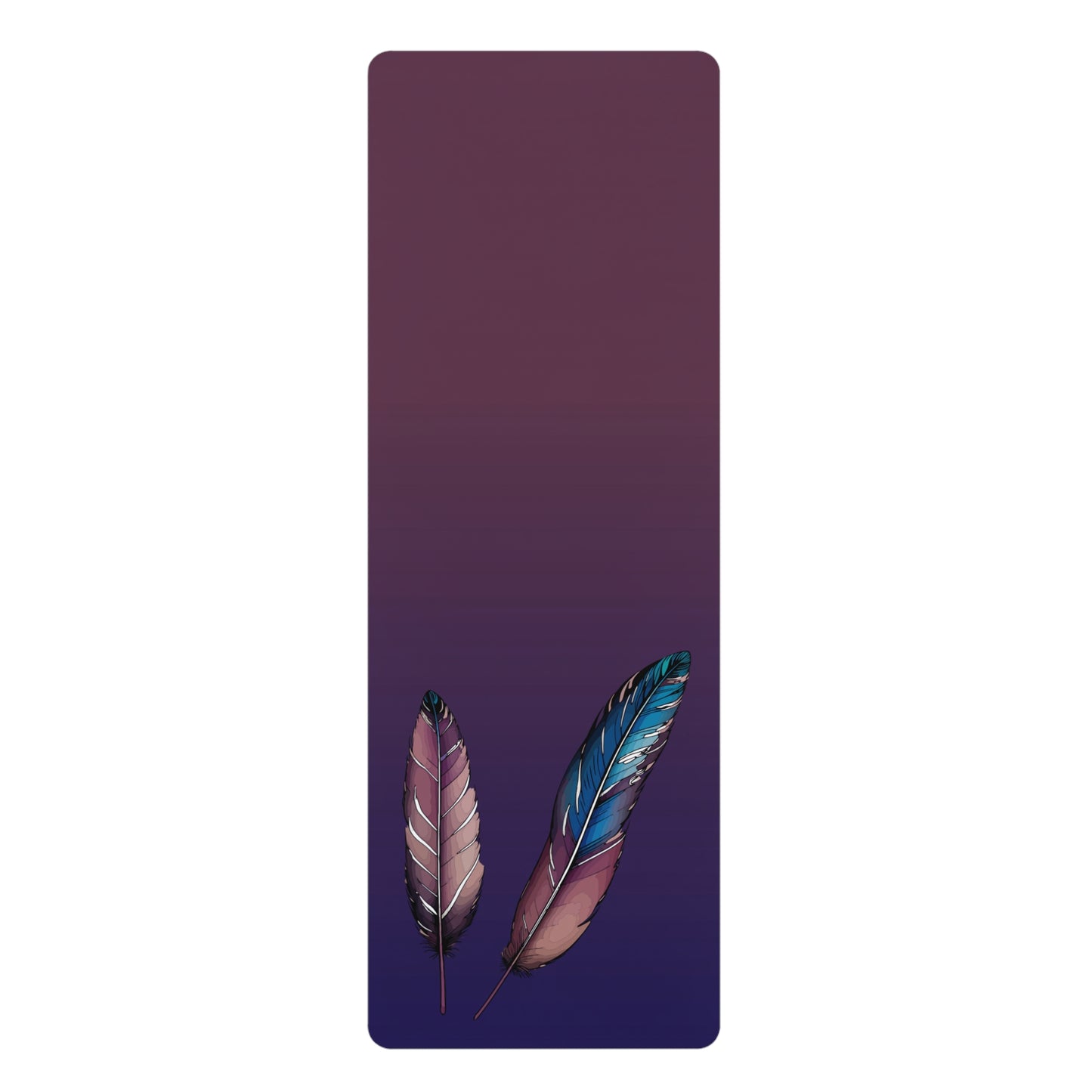 Native feather Yoga Mat made of rubber with purple gradient to mauve and pastel feather design