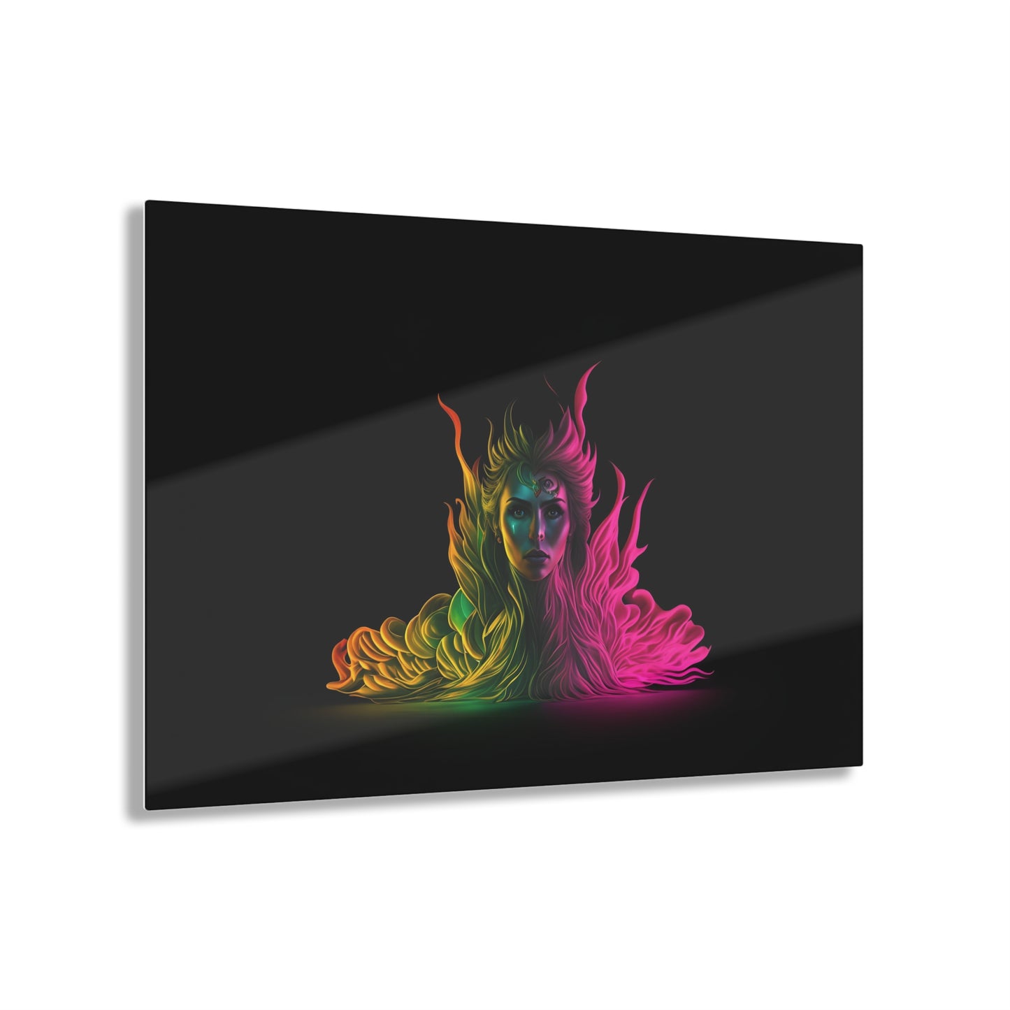 Fire Woman Rainbow Art on Jet Black Acrylic Panels for gameroom art gay gift for lgbtq lovers ally femme style art horizontal orientation v1