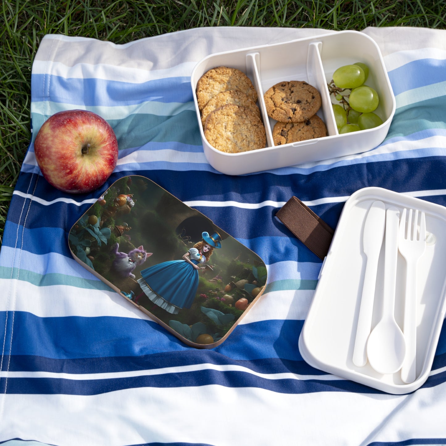 Alice in Wonderland Bento Lunch Box for picnics in wonderland lunchbox that shows Alice with the cheshire cat in wonderland.