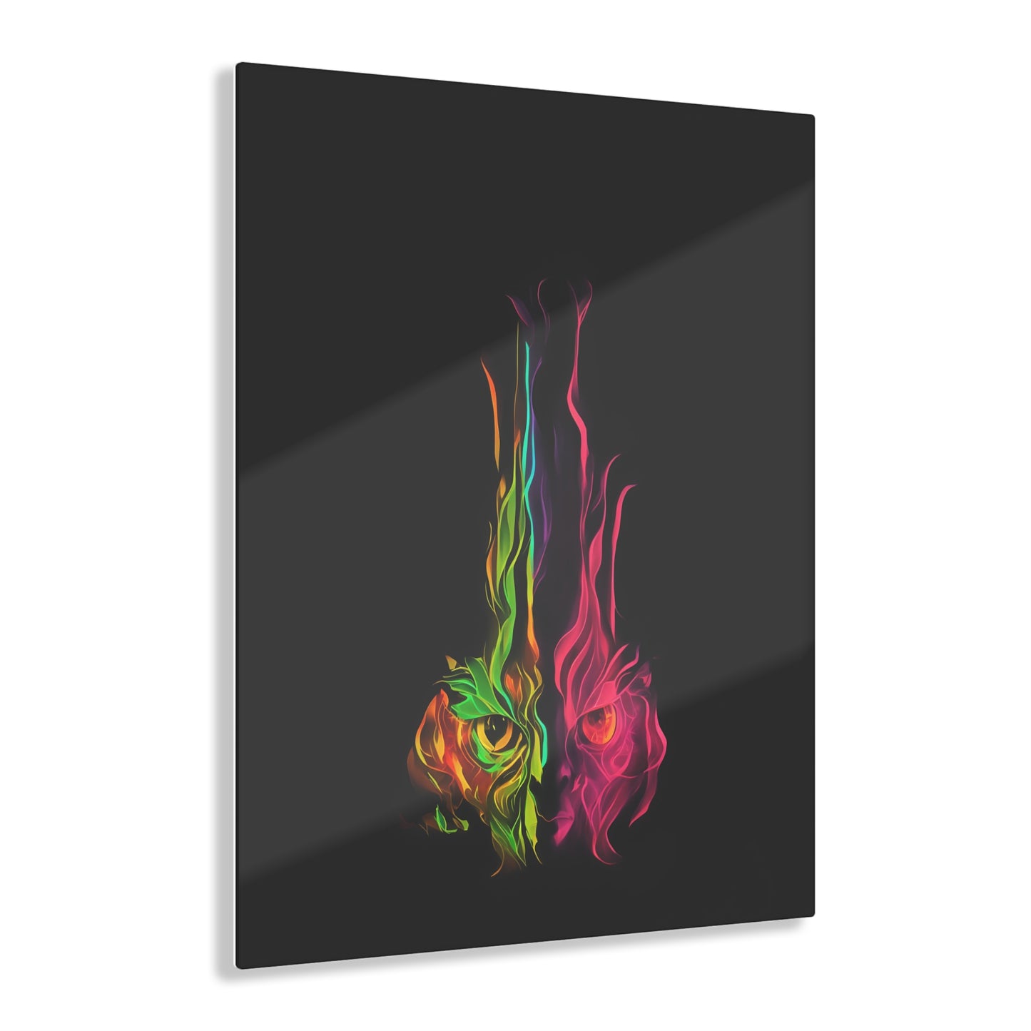 Fire Eyes Rainbow Art on Jet Black Acrylic Panels for gameroom art gay gift for lgbtq lovers ally femme style art vertical orientation v3