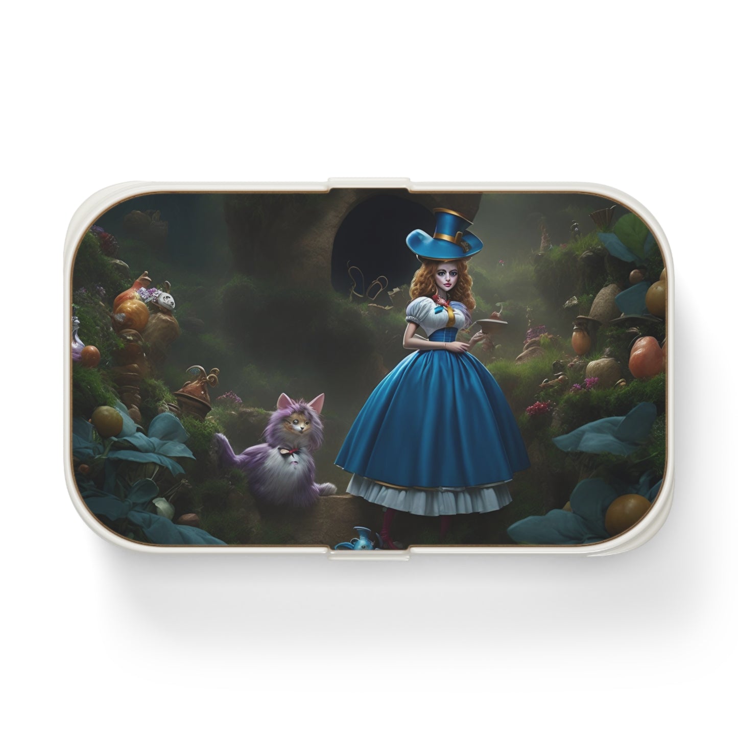 Alice in Wonderland Bento Lunch Box for picnics in wonderland lunchbox that shows Alice with the cheshire cat in wonderland.