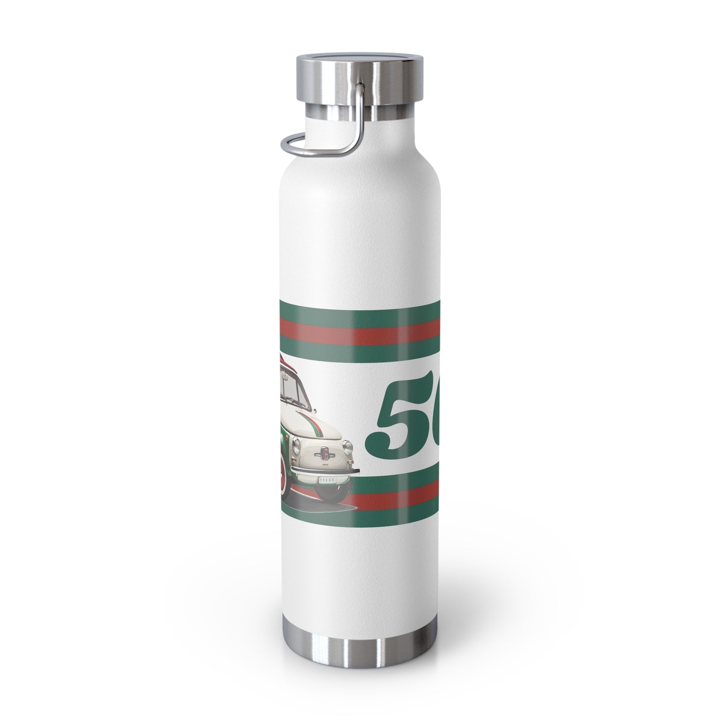 FIAT 500 green and red stripes on a Copper Vacuum Insulated Bottle, 22oz