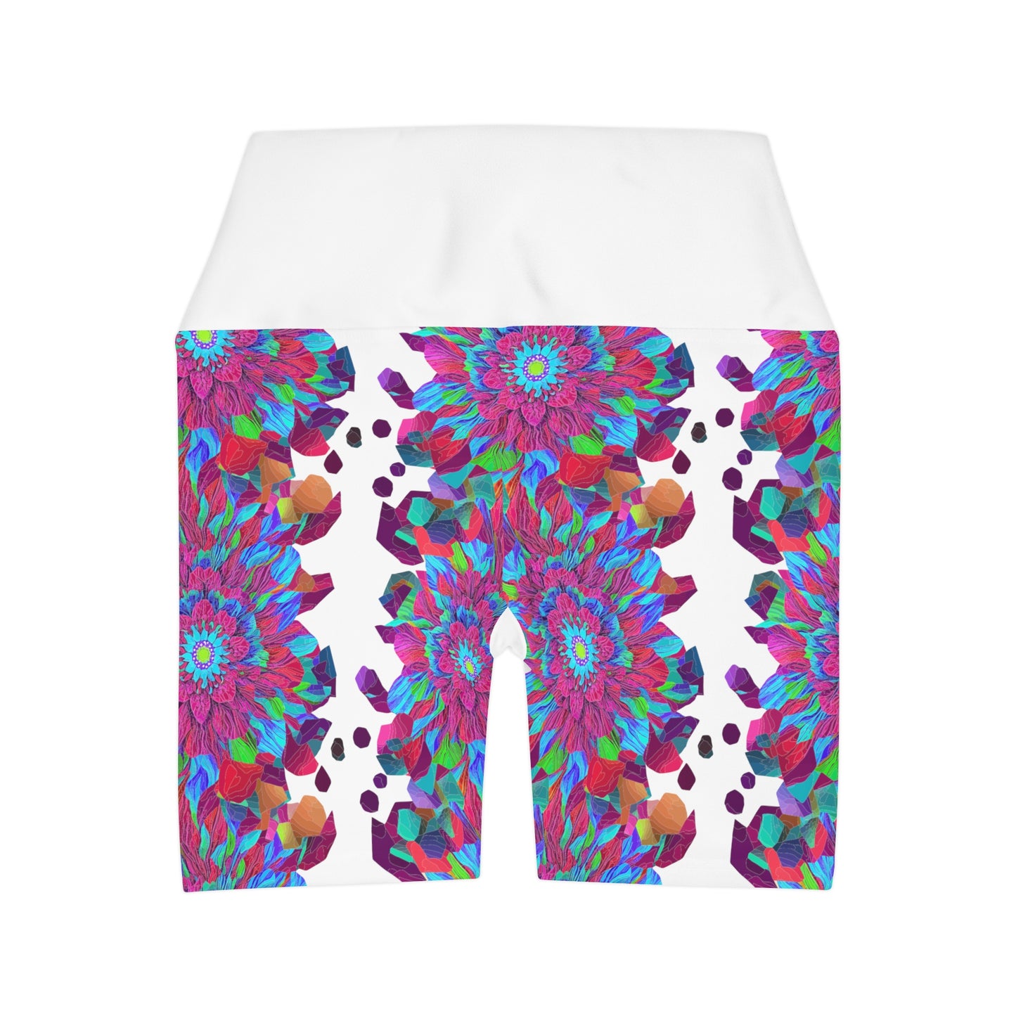 Floral Mandala Yoga Shorts with high waist and purple and blue flower pattern for working out in style this summer