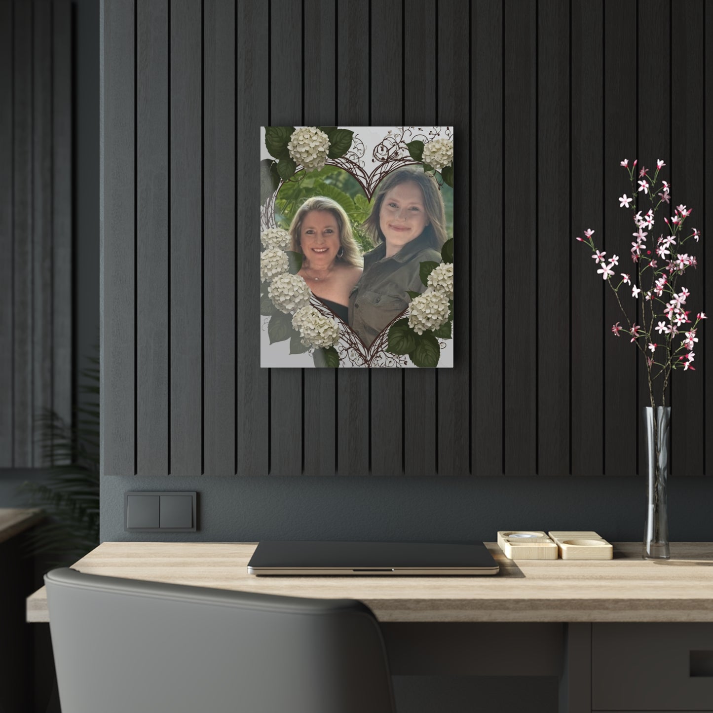 Custom Acrylic hydrangea heart prints with your personalized photo inserted inside the  heart for lovers and family that have a special bond