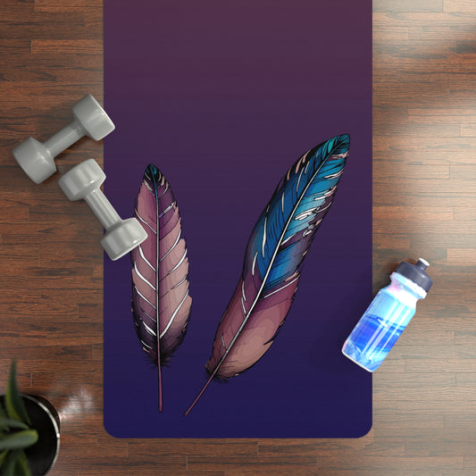 Native feather Yoga Mat made of rubber with purple gradient to mauve and pastel feather design