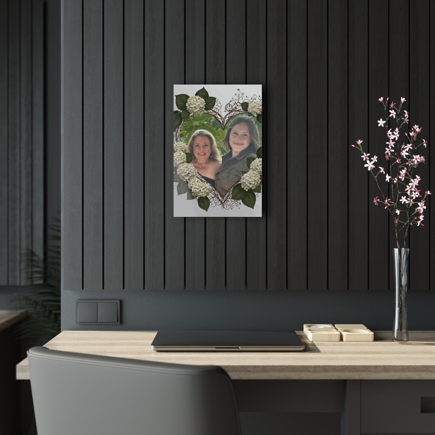 Custom Acrylic hydrangea heart prints with your personalized photo inserted inside the  heart for lovers and family that have a special bond