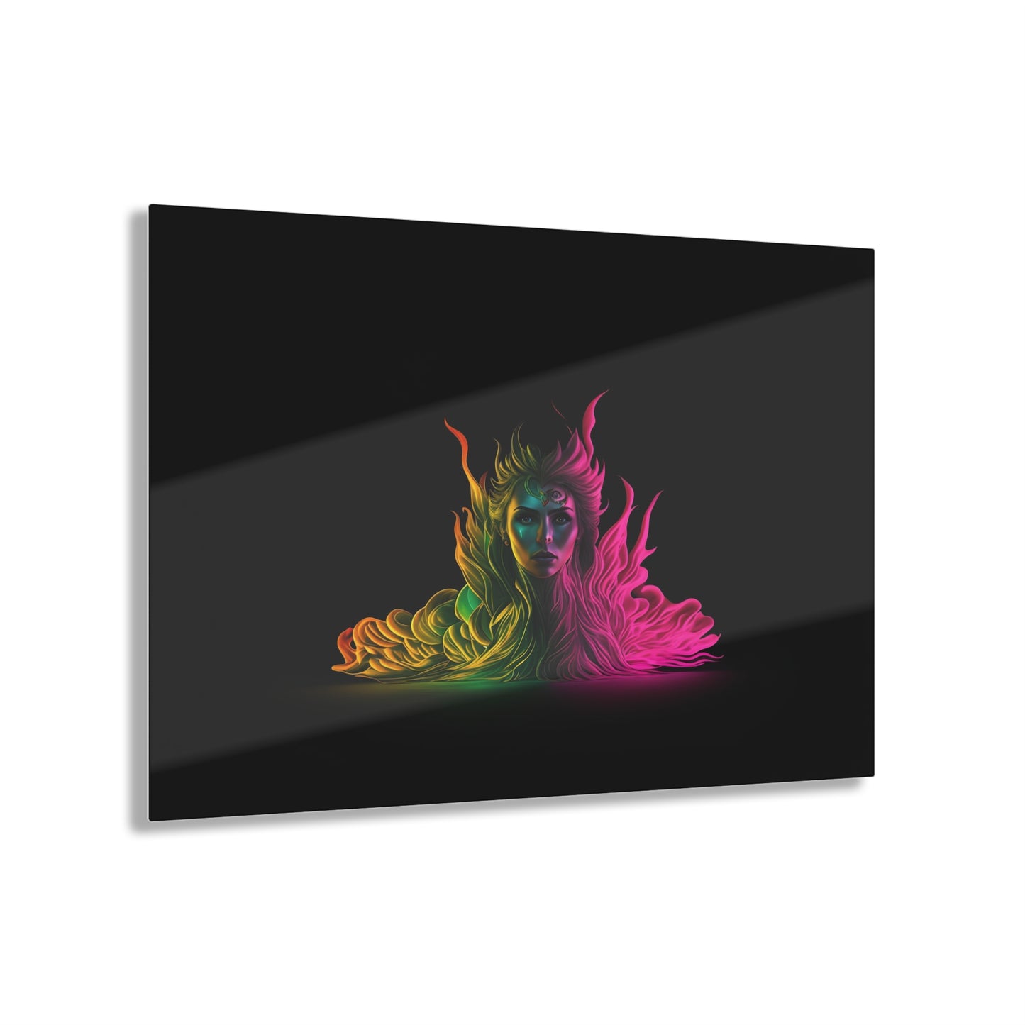 Fire Woman Rainbow Art on Jet Black Acrylic Panels for gameroom art gay gift for lgbtq lovers ally femme style art horizontal orientation v1