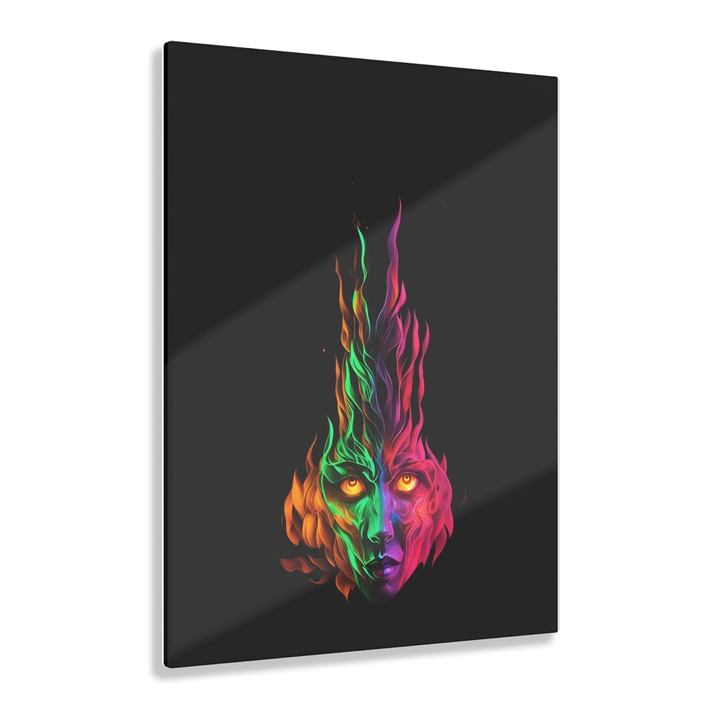 Fire Eyes Rainbow Art on Jet Black Acrylic Panels for gameroom art gay gift for lgbtq lovers ally femme style art vertical orientation v2