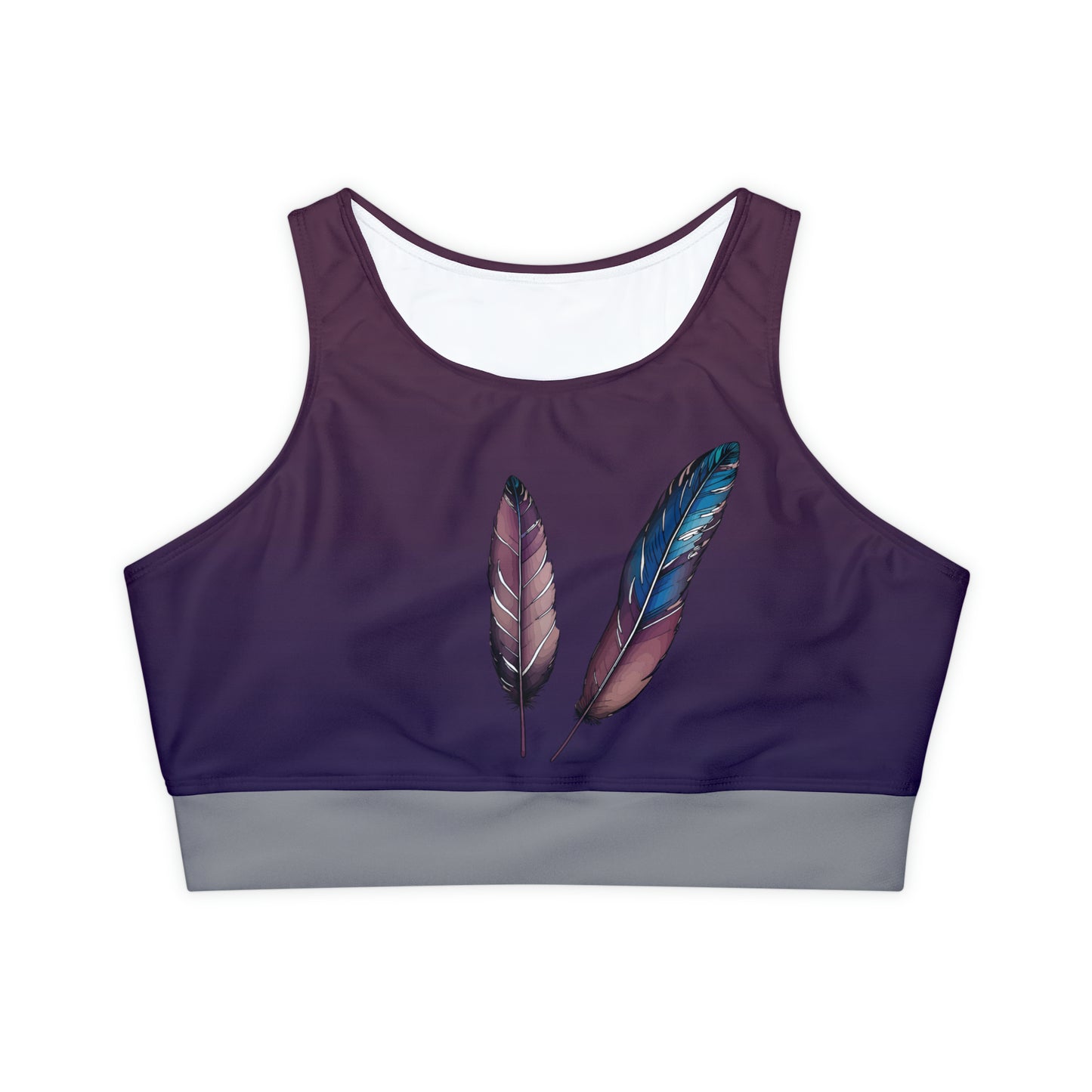 Native feather Sports Bra with fully padded cups and a unique feather design for working out and doing yoga with style and grace