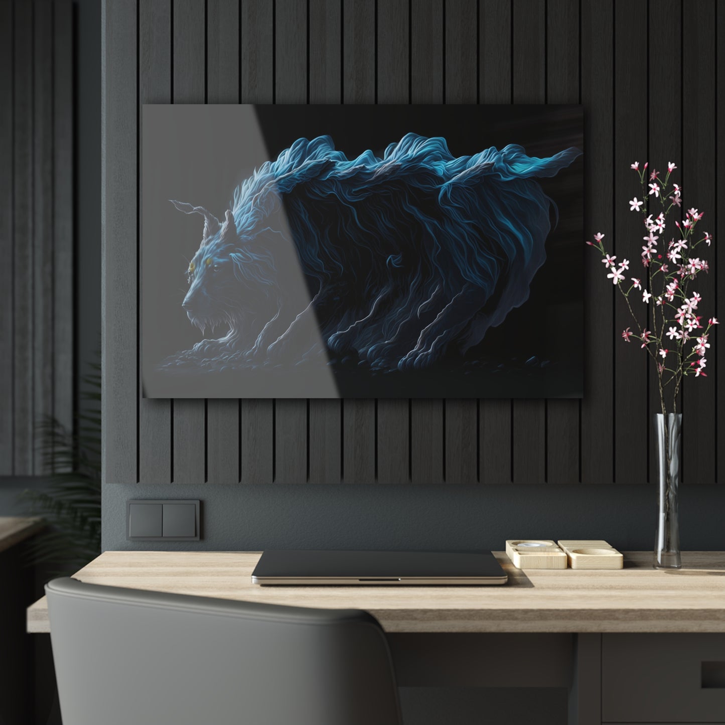 Blue Predators Acrylic Art Jet Black Collection Elegant wall art in the living room bedroom or dinig room office gift for wolf lovers v3