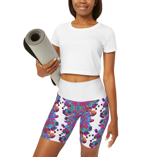 Floral Mandala Yoga Shorts with high waist and purple and blue flower pattern for working out in style this summer