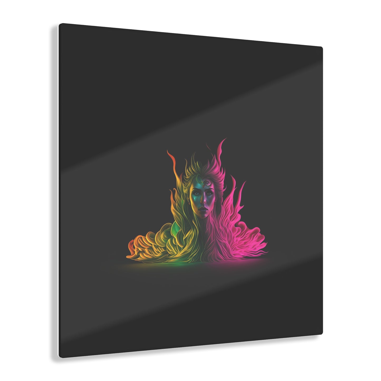 Fire Woman Rainbow Art on Jet Black Acrylic Panels for gameroom art gay gift for lgbtq lovers ally femme style art horizontal orientation v1