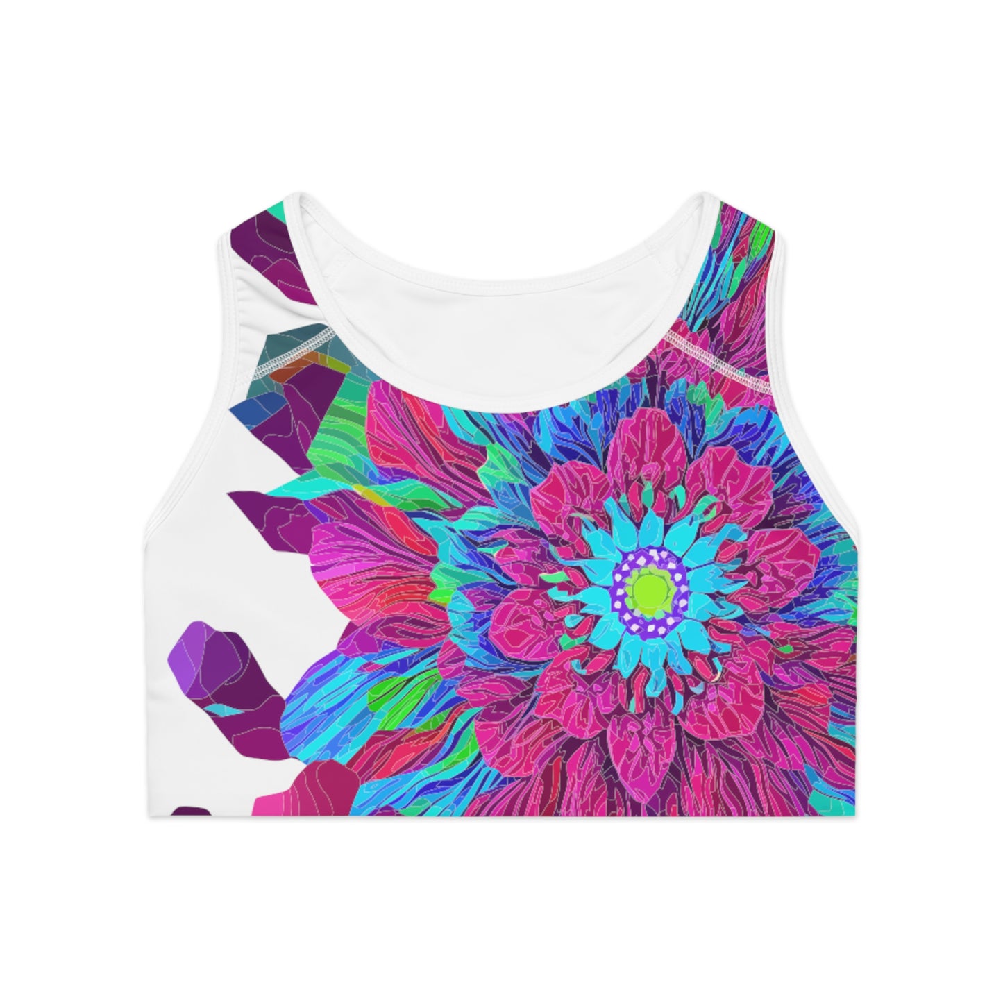 Floral Mandala Sports Bra for working out and doing yoga in style this summer in pink blue and white floral print