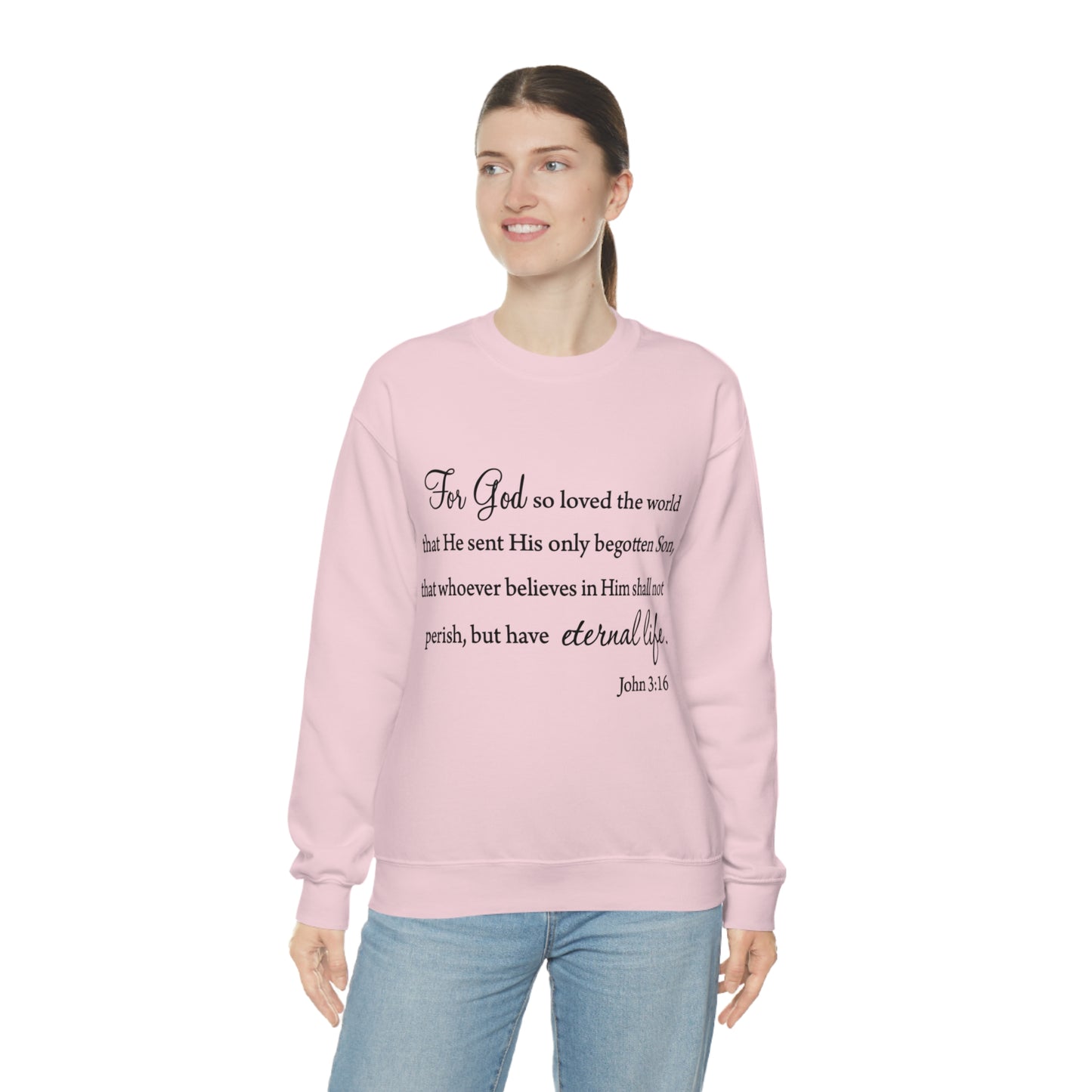 Bible Verse sweatshirt John 3:16 Unisex Heavy Blend Crewneck Sweatshirt minimalist style Plain white colored sweatshirt religous Christians.