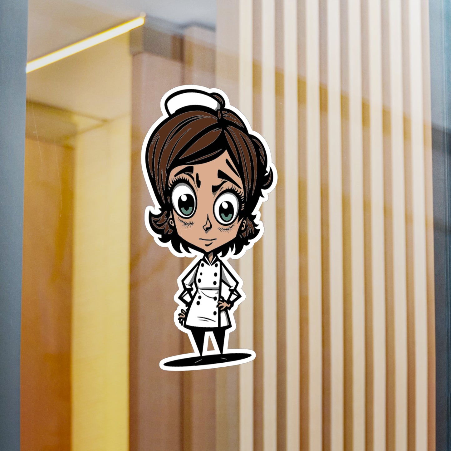 Female Chef Vinyl Decal to liven up the kitchen with a cartoon woman chef made of vinyl with a satin finish removable and restick decal