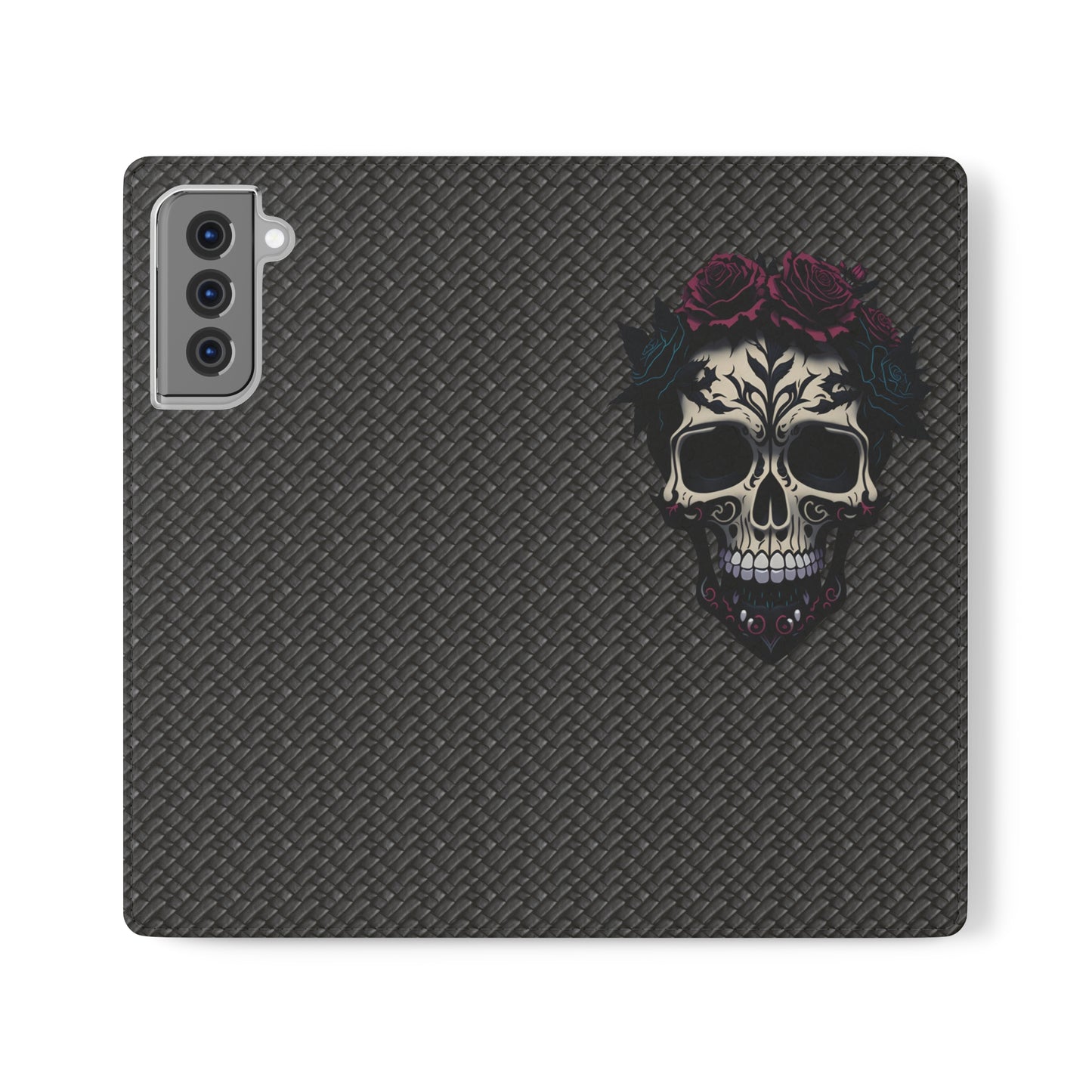 Sugar Skull Flip Case for iPhone and Samsung Galaxy Phones 11 12 13 mini pro max s22 s21 ultra plus made from vegan leather