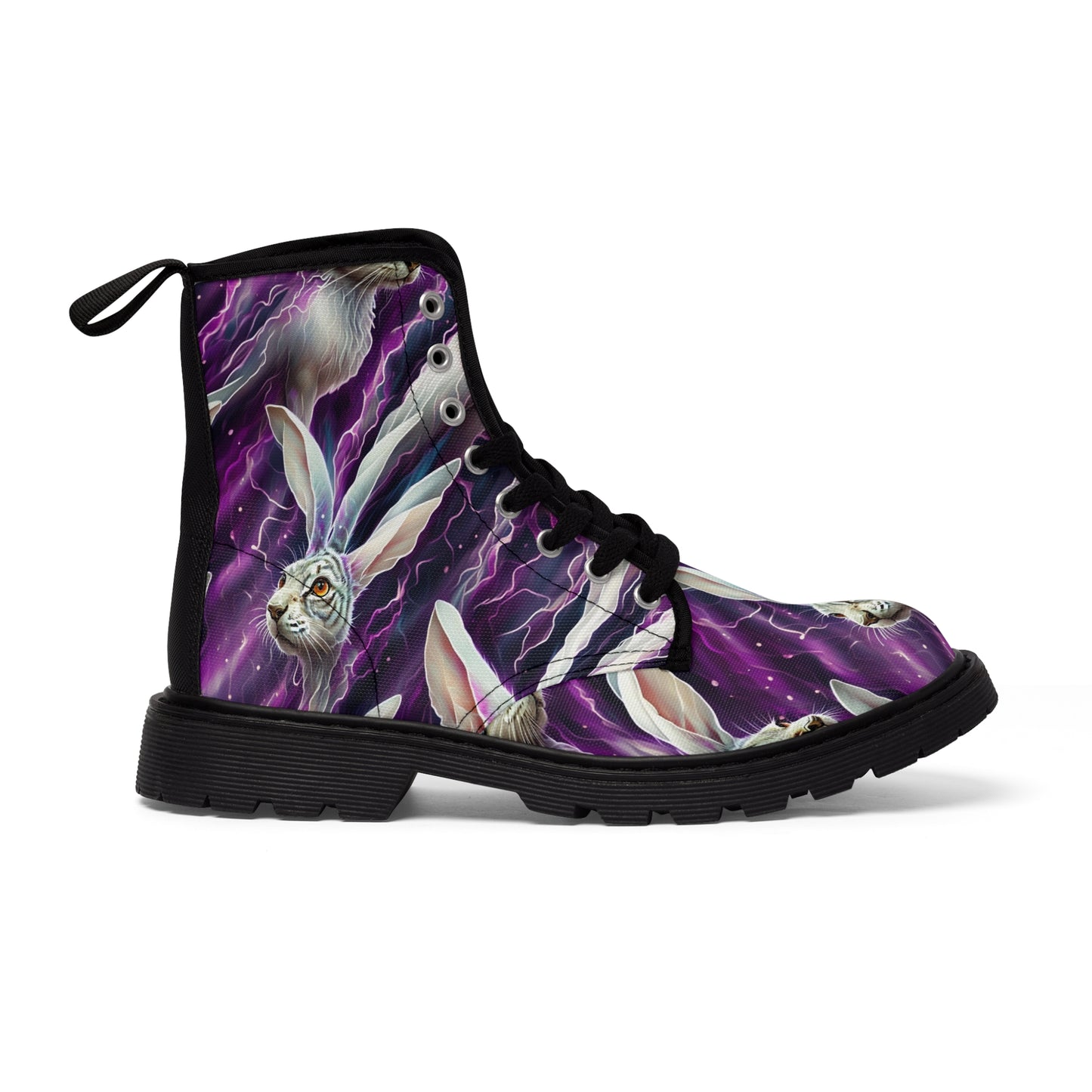 White hare boots with alice white hare on purple Women's Canvas Boots of combat style for those alice in wonderland fans that love fashion