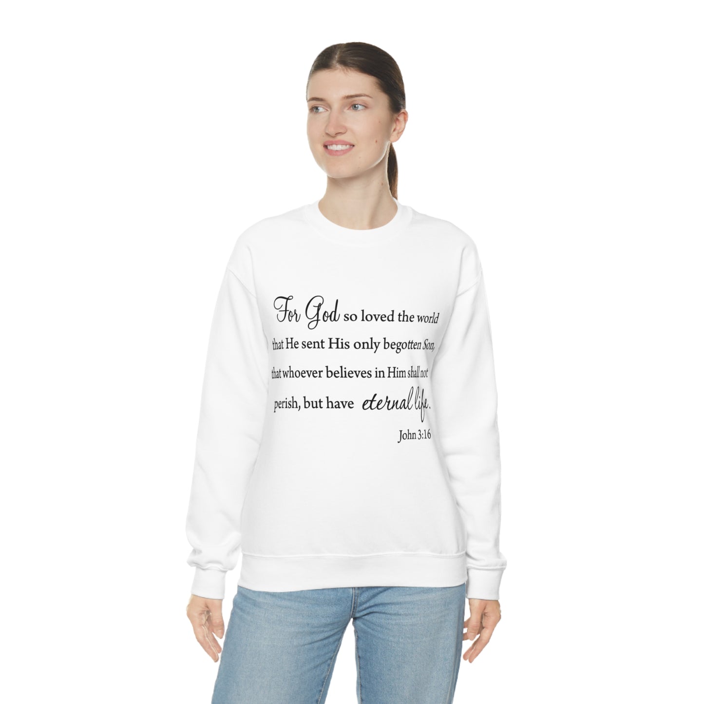 Bible Verse sweatshirt John 3:16 Unisex Heavy Blend Crewneck Sweatshirt minimalist style Plain white colored sweatshirt religous Christians.