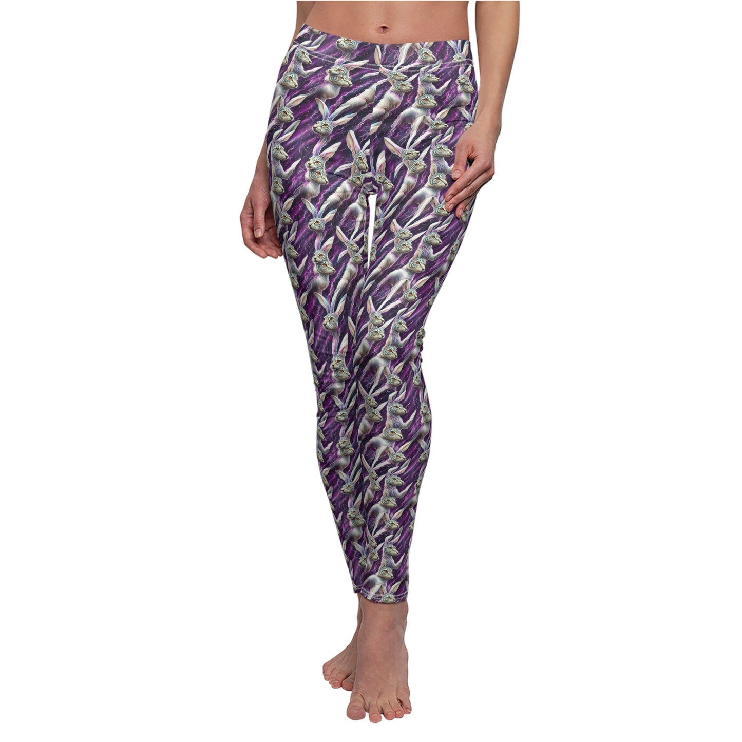 White hare Women's Casual Leggings in purple with white hare from alice in wonderland patter all over for those alice fans workout in style