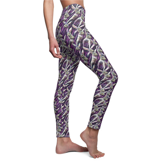 White hare Women's Casual Leggings in purple with white hare from alice in wonderland patter all over for those alice fans workout in style