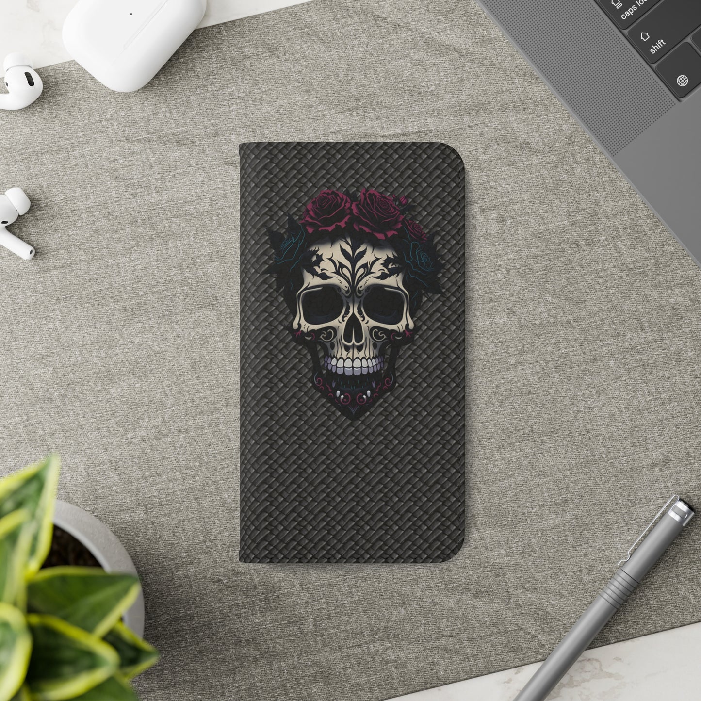 Sugar Skull Flip Case for iPhone and Samsung Galaxy Phones 11 12 13 mini pro max s22 s21 ultra plus made from vegan leather