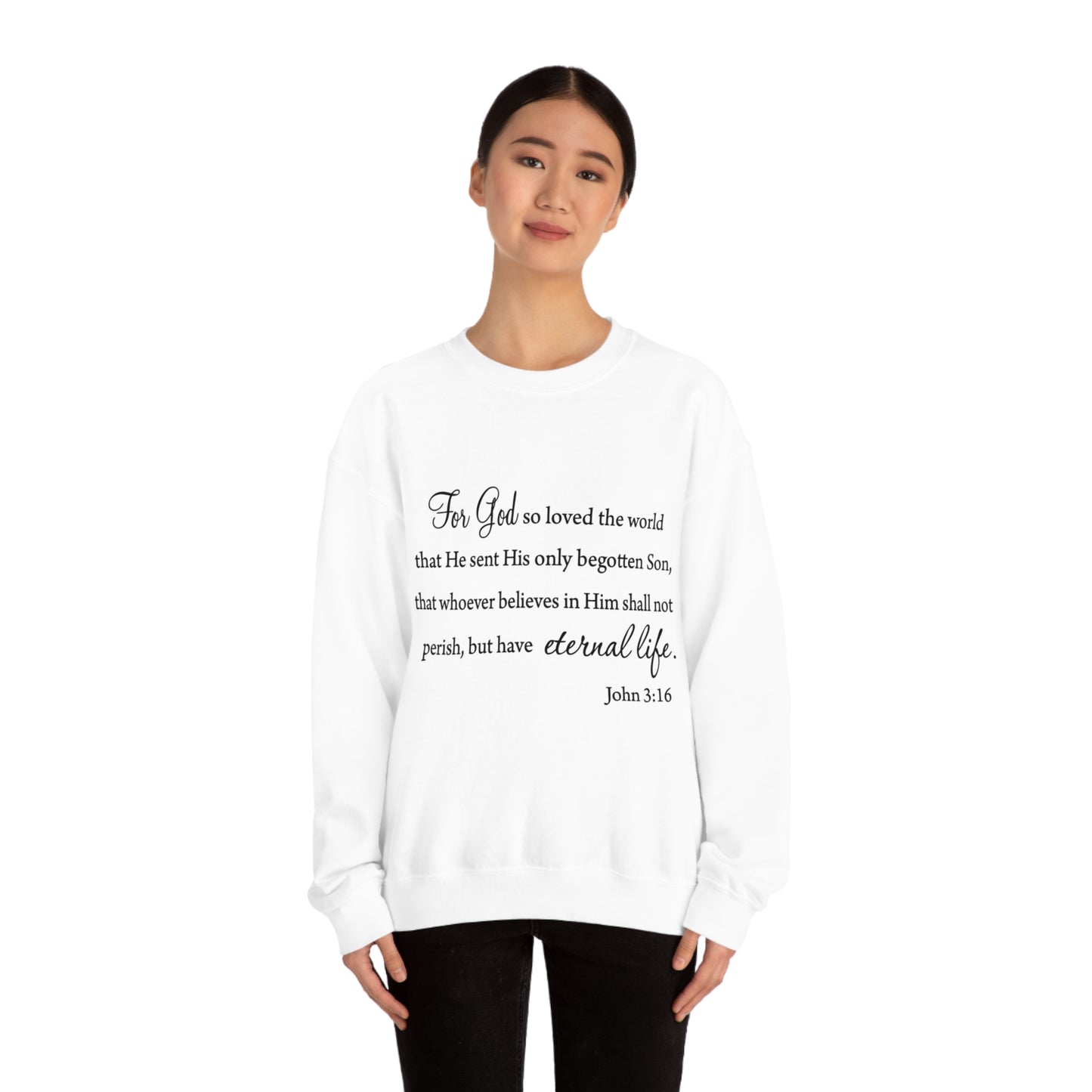 Bible Verse sweatshirt John 3:16 Unisex Heavy Blend Crewneck Sweatshirt minimalist style Plain white colored sweatshirt religous Christians.