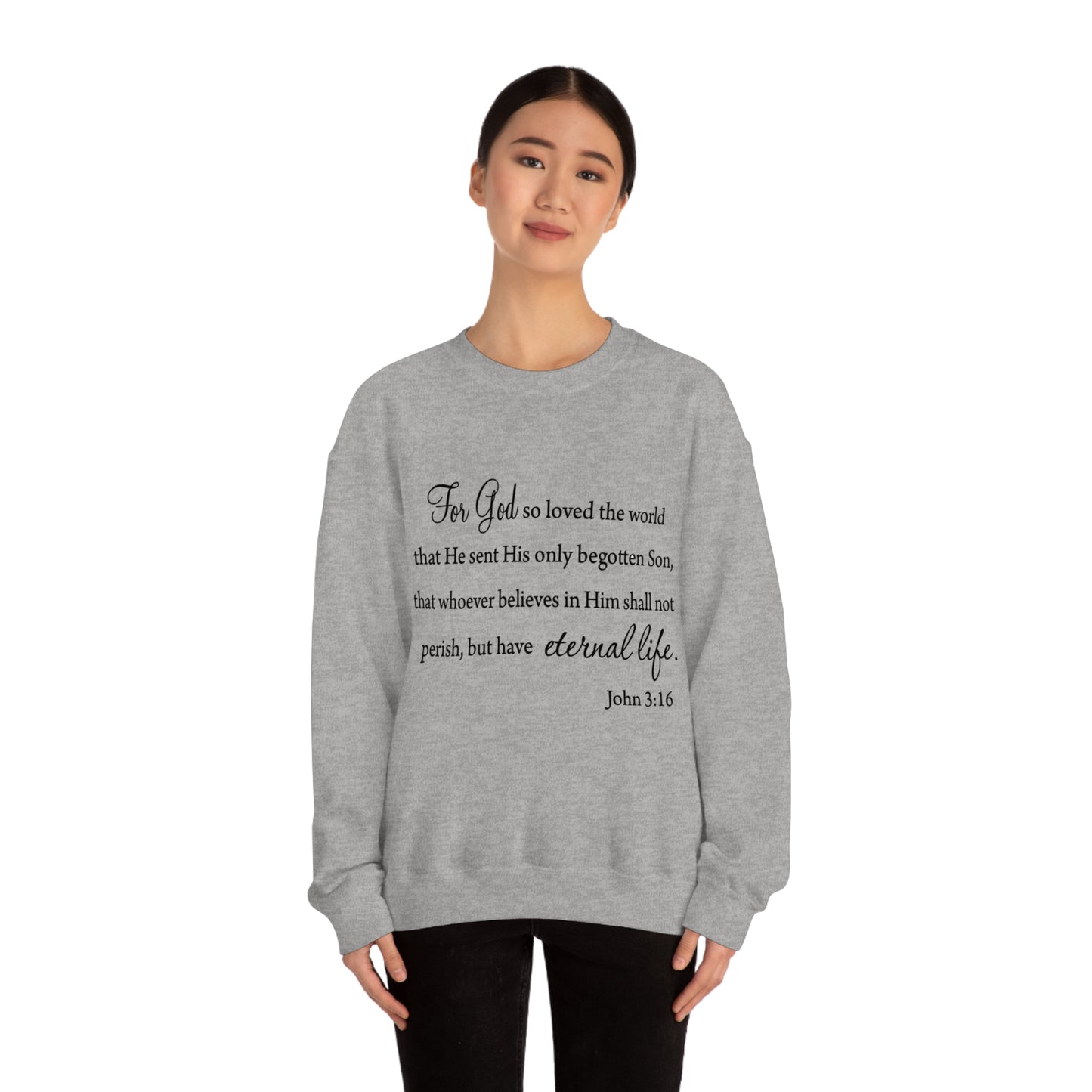 Bible Verse sweatshirt John 3:16 Unisex Heavy Blend Crewneck Sweatshirt minimalist style Plain white colored sweatshirt religous Christians.