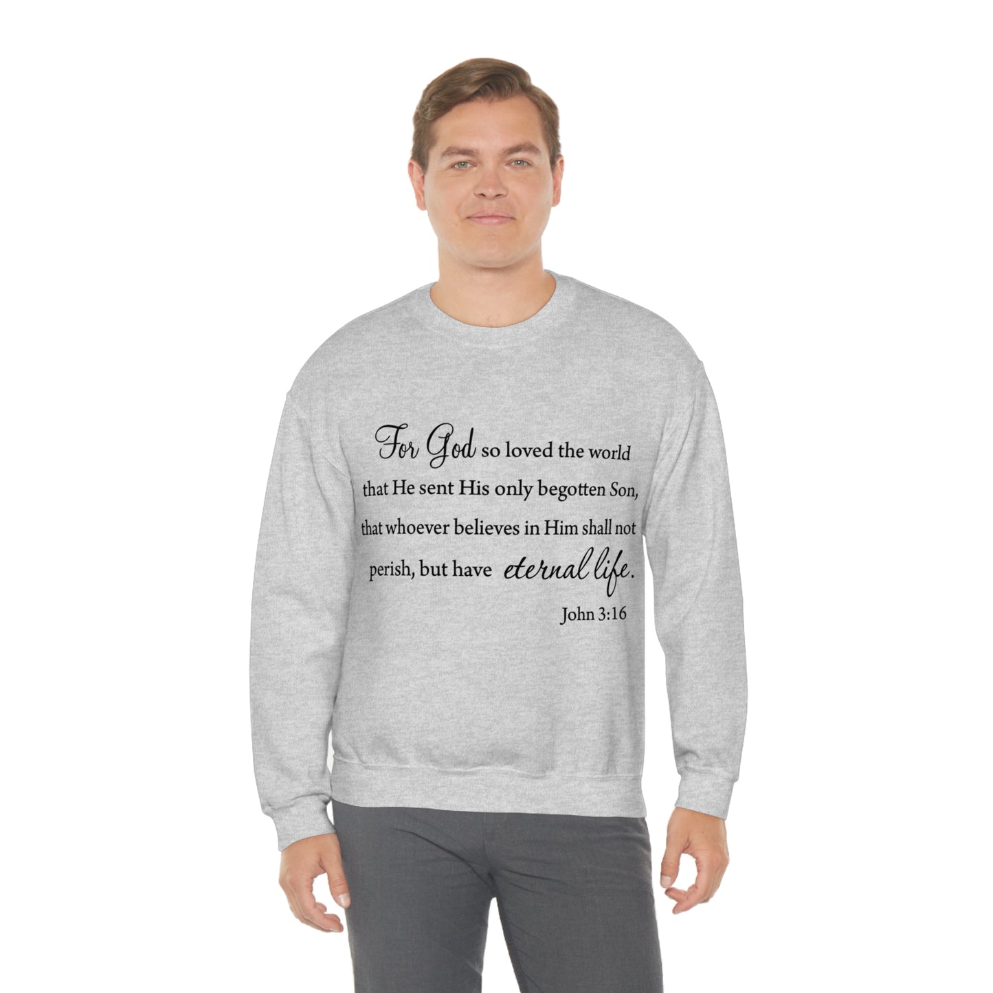 Bible Verse sweatshirt John 3:16 Unisex Heavy Blend Crewneck Sweatshirt minimalist style Plain white colored sweatshirt religous Christians.