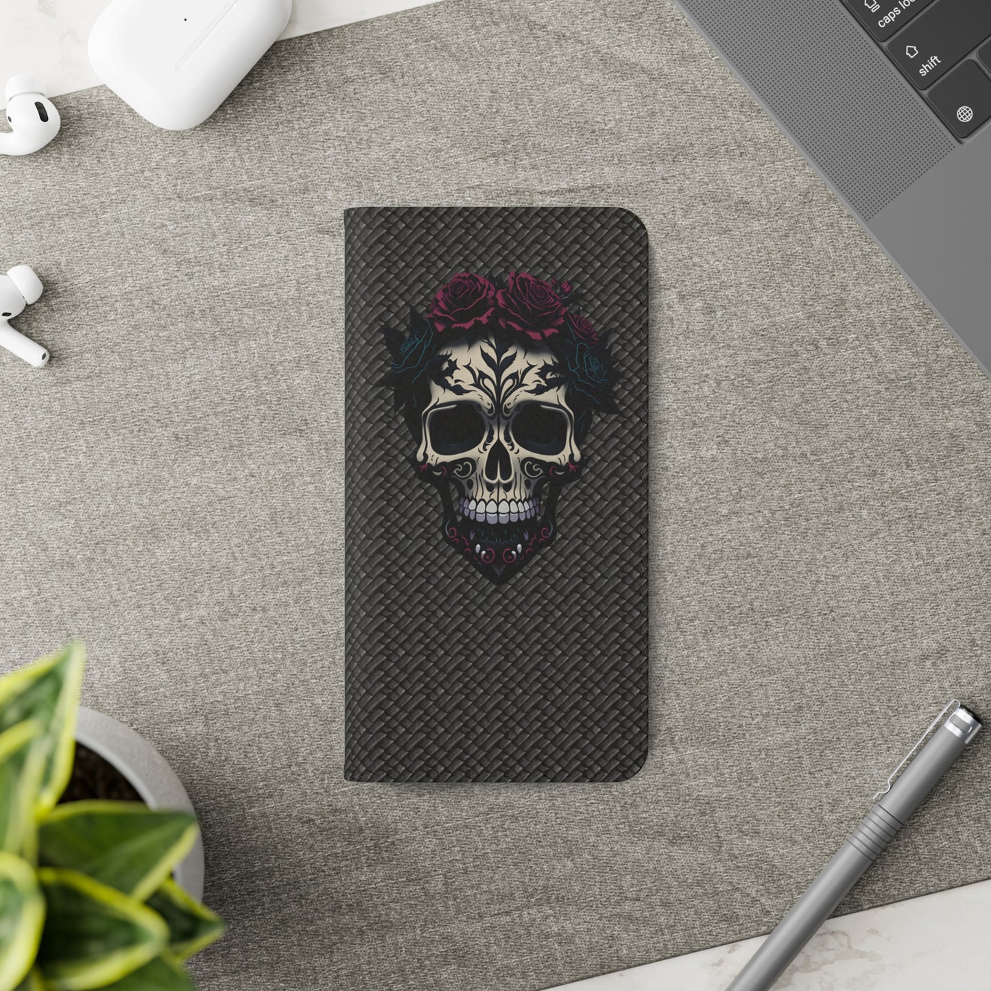 Sugar Skull Flip Case for iPhone and Samsung Galaxy Phones 11 12 13 mini pro max s22 s21 ultra plus made from vegan leather